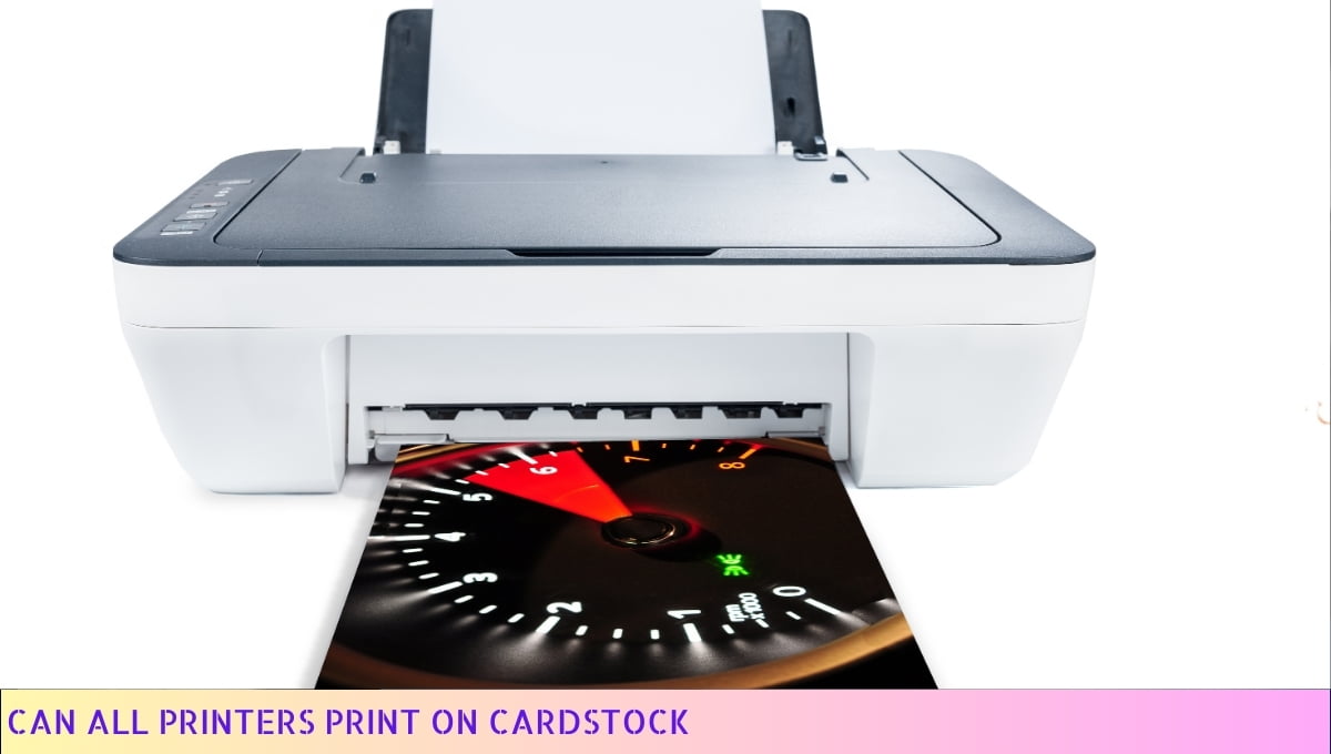 A printer with a stack of cardstock paper inside, ready to print.