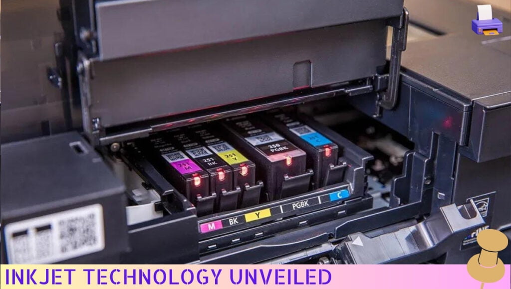 Inkjet technology unveiled: A close-up image of a cutting-edge inkjet printer in action, producing high-quality prints with precision and speed.